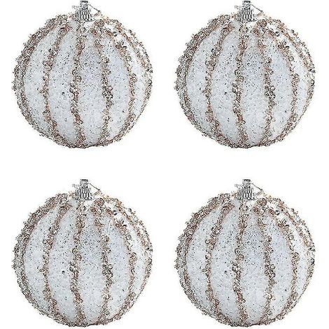 Lot de 4 boules de Noël blanches de 8 cm en mousse pailletée, idéales pour décorer votre sapin. (1/5)