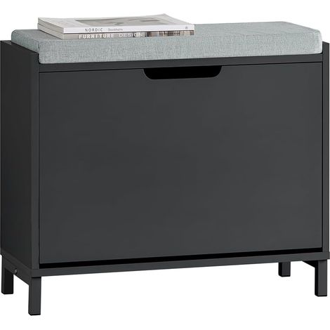 Sobuy – Banc à chaussures FSR151KSCH – Rangement pour chaussures avec 1 abattant – Dimensions L60xP24xH52 cm – MDF laqué noir avec coussin (1/8)