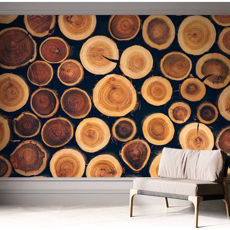 Selbstklebend Tapete modern - Wanddeko für Küche - Klebefolie Wand - luxus Look Holzkreise 312x219 cm (1/5)