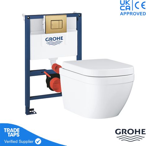 GROHE EURO Rimless Wall Hung Toilet Pan with 0.82m Concealed Cistern Frame Dual Flush Plate - Brushed Cool Sunrise (1/2)