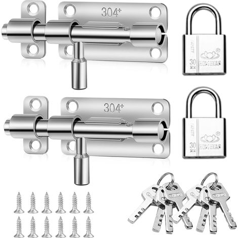Lot de 2 verrous de porte en acier inoxydable avec cadenas, loquet de portail coulissant pour portails en bois, verrous de porte pour salle de bain, chambre à coucher, jardin, abri de jardin, garage (1/5)