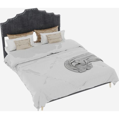 Cama Doble 160 x 200 cm en Tela Gris, Cabecero Geométrico y Base de Láminas, sin Colchón (1/5)