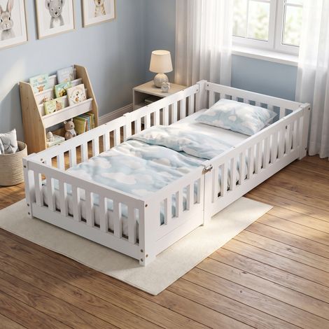 Letto singolo per bambini 90x190 cm - letto a terra montessori con barriera anticaduta e cancelletto - rete a doghe in legno pino stile moderno - bianco (1/5)