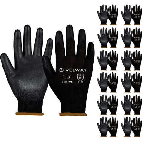 Velway Gants Travail 12 Paires - Revêtement PU Antidérapant Jardinage Bricolage - Noir Taille 9 (1/5)
