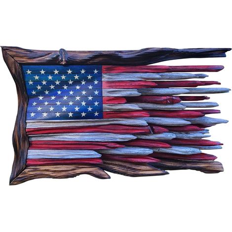 Drapeau Américain En Bois - Décoration Murale 3D Artisanale - Pour Jardin Intérieur Extérieur - Dimensions 60 x 40 cm - 1 Pièce (1/5)