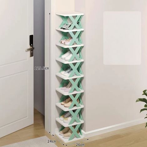 Étagère à Chaussures d'Angle – Haute, Étroite, Plastique Robuste. 9 Niveaux, 9 Paires. Modèle (Vert  9 Niveaux). (1/5)