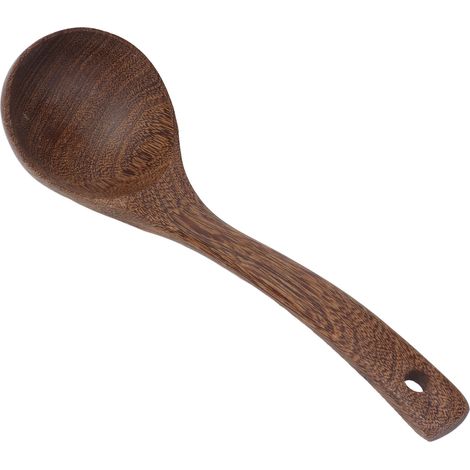 Cuillère à soupe en bois wengé, ustensile de cuisine rond avec trou de suspension, pour thé, café, dessert, sucre, salade, manche incurvé, petite taille (1/5)