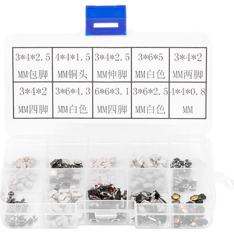 Touch-sensitive microswitch buttons, assortment of 250 durable, high-sensitivity buttons for versatile projects with a 12V box (1/5)