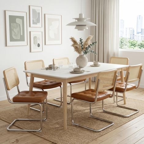 Lot de 6 Chaises de Salle à Manger, placage en rotin, Similicuir Rembourré et Pieds Chromés, Design Moderne Breuer, Marron (1/5)