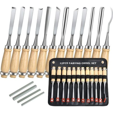 Ciseaux a Bois, 12PCS Outil de Gravure Bois Kit, Décapage Couteau Sculpture sur Bois avec Manche en Bois et Moulinet, pour Débutants, Sculpteur, Charpentier, Amateur (1/4)