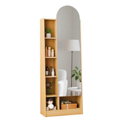 Armoire à chaussures avec portes miroir, Armoire de dressing haute avec miroir et espace de rangement, Armoire de salle de bains avec étagères réglables, aspect bois naturel – H165 L60 P28 cm (1/5)
