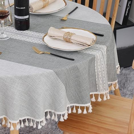 Nappe ronde 140 cm Gris Lin-Coton avec pompons et broderie