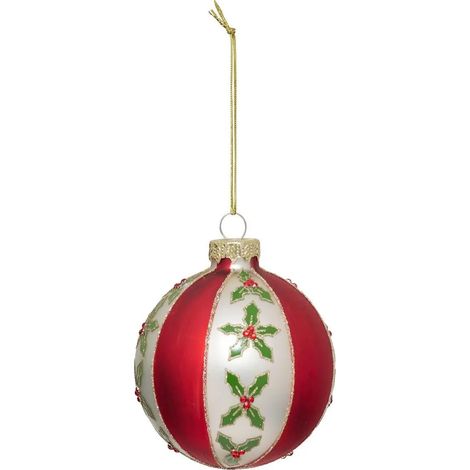 Boule de Noël en Verre "Houx" 8cm Rouge & Blanc