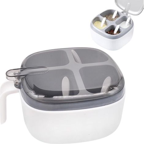 Boîte à épices avec couvercle et cuillère, boîte à épices à quatre compartiments avec poignée, idéale pour stocker du sucre, du sel, du poivre et d'autres épices dans la cuisine domestique