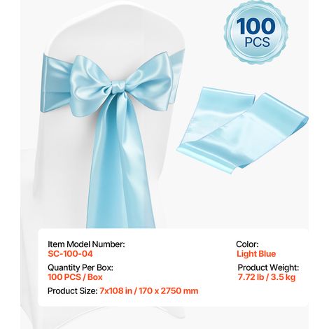 VEVOR Satin Chair Sashes Bows, 100PCS Chair Ribbon Ties Back Sash, 7 x 108 inch, Light Blue Wedding Reception Decoration, for Wedding Ceremony Baby Shower Party Events Banquet Chair Cover Decoration (1/4)