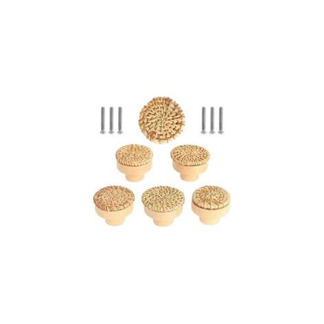 Set mit 6 Rattan-Möbelknöpfen, Schubladen- und Türknöpfe im Bohème-Stil, runde Holzgriffe für Kommoden, Kleiderschränke und Küchenschränke - Crezuo (1/4)