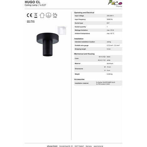 Paco Home Deckenleuchte Stabile Lampenaufhängung E27 1-Flammig Einfache Montage  Weiß,  Rauchglas A60 - 150 Lumen / 5W