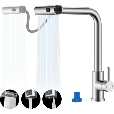Robinet de cuisine - 1 unité - Acier inoxydable SUS304 - Cascade extensible 3 jets - Évier double ou simple - Noir mat (1/5)