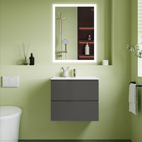 600x520mm Anthracite Vanity Unit With Soft Close DrawersStorage SpaceWhite Artificial Stone Basin (1/5)