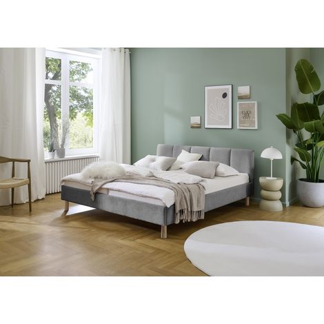 Meise Möbel Polsterbett Joker 180x200 cm Doppelbett Bettgestell Kopfteil mit tiefem Einzug Strukturstoff Grau Holzfuß eichefarbig (1/5)