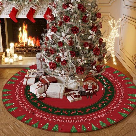 Jupe de Sapin Noël 120cm Couvre Pied Ronde - Tapis avec Motif Flocon de Neige et Éléments Classiques pour Décorations d'Arbre, B (1/4)