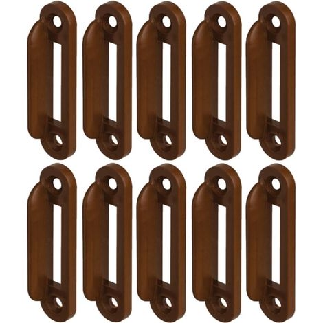 Packung mit 10 braunen Eckschließblechen aus Kunststoff für Druckknopfschlösser. Abmessungen: 53 x 12 mm. Für Wohnwagen- und Bootssicherheit. (1/2)