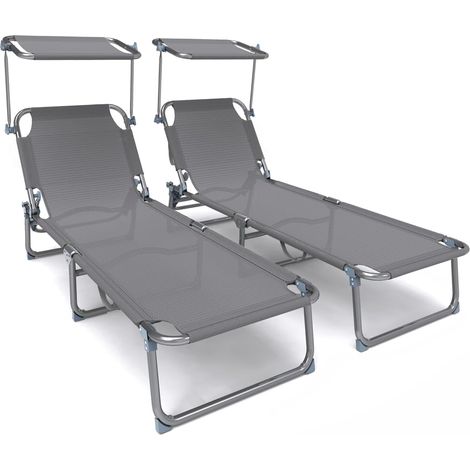Lot de 2 Chaise Longue Bain de Soleil avec Pare Soleil Transat Pliable en Textilène avec Parasol Bain De Soleil inclinable en Textilène avec Charge Max 110KG Chaise Longue réglable Gris (1/5)