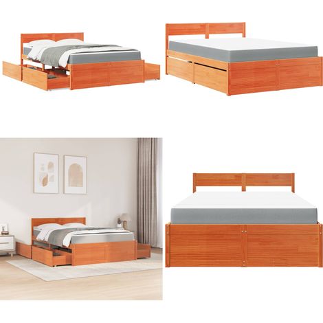 Lit avec tiroirs/matelas cire marron 140x190 cm bois massif pin - Lit Double - Lit Plateforme - Lit Avec Rangements - Lit Bois Massif - Matelas Ressorts Ensachés - Home & Living (1/5)