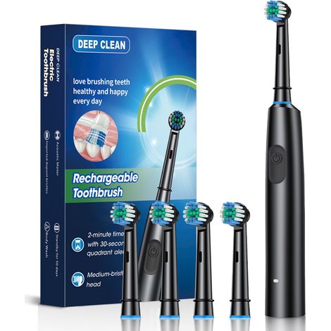 Brosse à dents électrique à tête ronde, entièrement automatique, sonique, étanche, réglable sur cinq vitesses, quatre têtes de brosse, noire.-AquaForge
