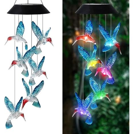 Ensemble de carillons éoliens solaires colorés de 85 cm, 6 LED, motif oiseaux, lampe rotative décorative à couleurs changeantes pour jardin.-AquaForge