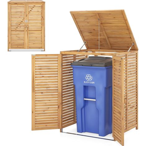 Abri à Poubelles en Bois, Cache Poubelle 120 L, Abris Poubelles de Jardin avec Couvercle Ouvrant, Doubles Portes & Verrou Verrouillable, 86 x 70 x 114 cm (1/5)