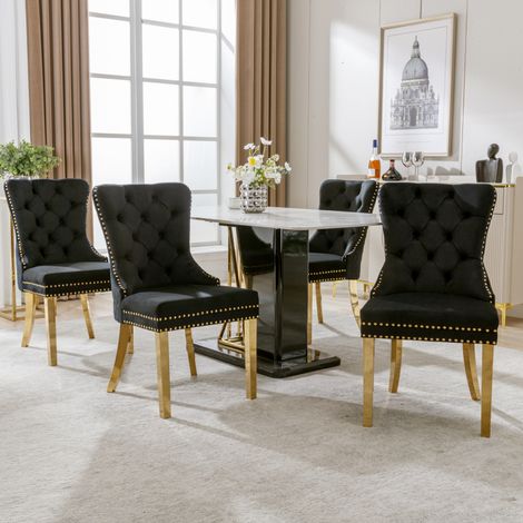 Chaises velours noir/or – Lot 4 – Anneaux ronds – Rembourrées – Cloutées – Pieds inox plaqué or – Salon/Cuisine (1/5)