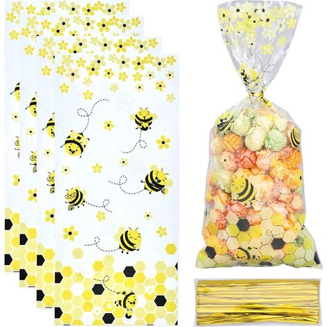 100PCS Sacs en Cellophane Abeille Fleur en Nid d'abeille Jaune Sacs à Bonbons en Plastique avec Liens Torsadés Sacs à Goodie en Violoncelle Transparent pour Anniversaires Mariages Noël (1/5)