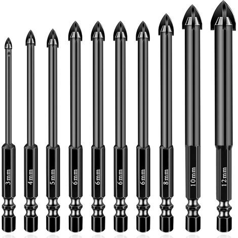 Fliesenbohrer, 10er-Pack professionelle Kreuzbohrer aus Wolframkarbid, Fliesenbohrer, Sechskant-Fliesenbohrer, für Glas, Metall, Ziegel, Kunststoff, Holz (3, 4, 5, 6, 6, 6, 6, 8, 10, 12 mm) (1/5)