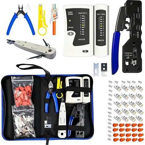Kit d'outils réseau : kit de réparation réseau avec 20 connecteurs de câble, pince à sertir Pass Through RJ45 pour Cat7 Cat6 Cat5, pince à dénuder, testeur de réseau pour câbles RJ45/RJ11/RJ12 (1/5)