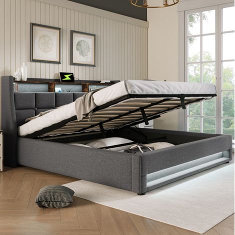 Bett 180x200 cm im Vintage-Modern-Stil, Leinen grau, mit LED, USB und Stauraum mit Gasdruckfeder (1/5)