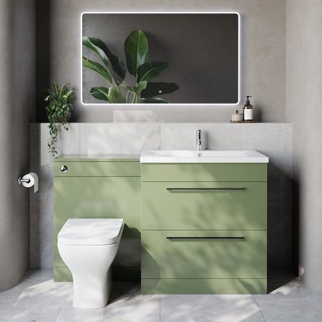 Napoli 460 Cento Olive Green 1400mm 2 Drawer Vanity Unit Toilet Suite with Glide Basin - 1400mm - Chrome 480mm HandleWith Kingston Toilet Pan and Seat