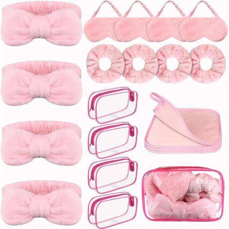 20 pièces de fournitures de spa pour filles soiree pyjama fille bandeaux à nœud masques de sommeil en peluche rose chouchous en velours lingettes démaquillantes trousses de maquillage transparentes (1/5)