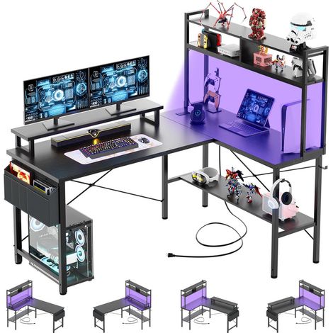 Small L-Shaped Corner Gaming Desk, Computer Desk with Power Outlets, LED Lights, Monitor Stand, Storage Shelf and Storage Bag for Home Office (1/5)
