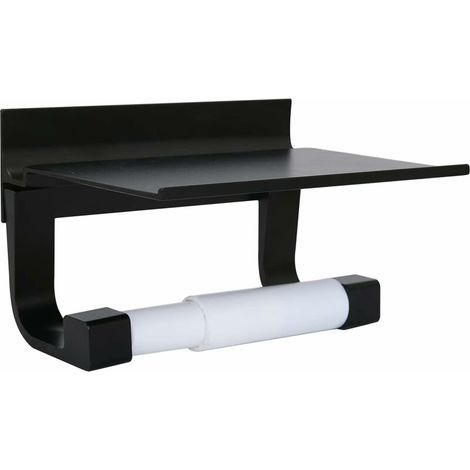Porta rotolo di carta igienica da parete in alluminio con mensola, adesivo, viti e trapano inclusi per il bagno (nero) (1/5)