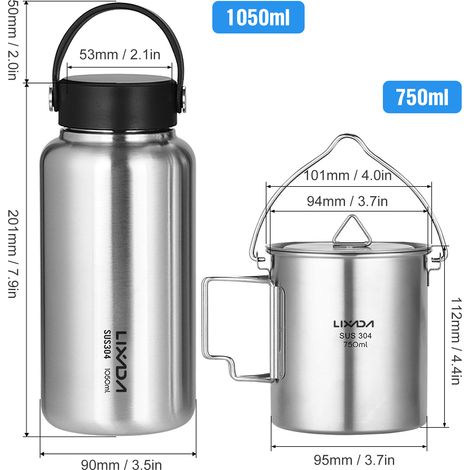 Bouteille d'eau en acier inoxydable de 1050ml, anti-fuite, avec Pot suspendu de 750ml, pour Camping en plein air et randonnée (1/5)