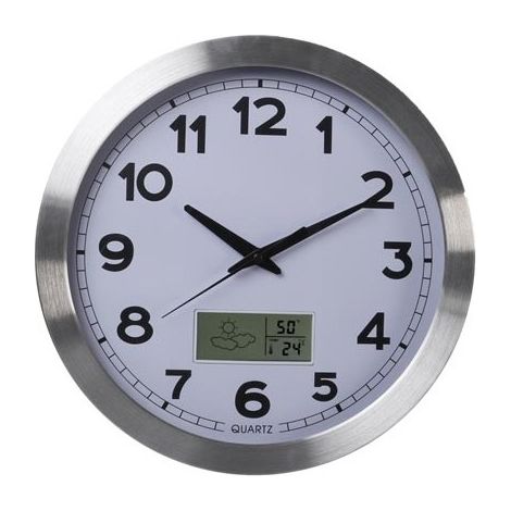 Perel Reloj de Pared, Redondo, analógico, 35 cm, Pantalla LCD con termómetro, higrómetro y disposiciones meteorológicas, Aluminio, Plata