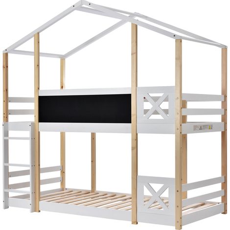 Cama alta infantil casa con escalera 90 x 200 cm blanco y madera HOMVRA (1/5)