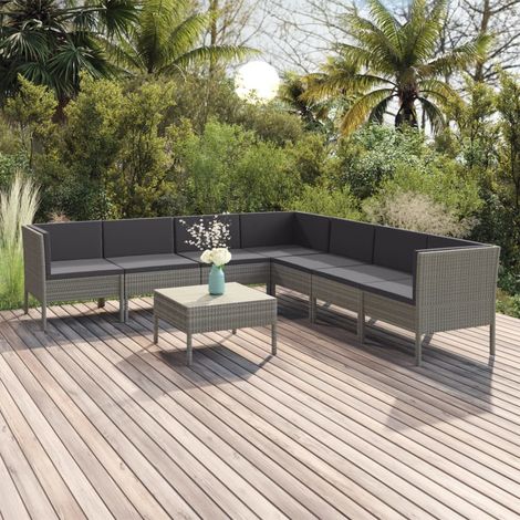 Salon de jardin 8 pcs Meuble de jardin Mobilier de jardin avec coussins Résine tressée Gris 87997 (1/5)