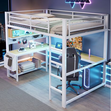 Letto a soppalco gaming 140x200 cm bianco in MDF e metallo con scrivania, LED e stazione di ricarica (1/5)