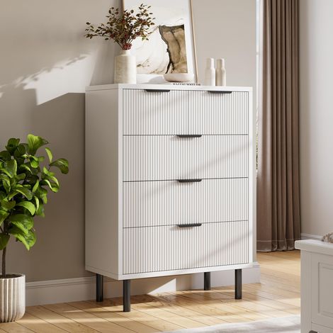 Commode 5 tiroirs, meuble de rangement moderne avec motif à vagues et poignées noires, chiffonnier en bois pour chambre, salon et bureau - blanc, 70 x 40 x 95 cm (1/5)