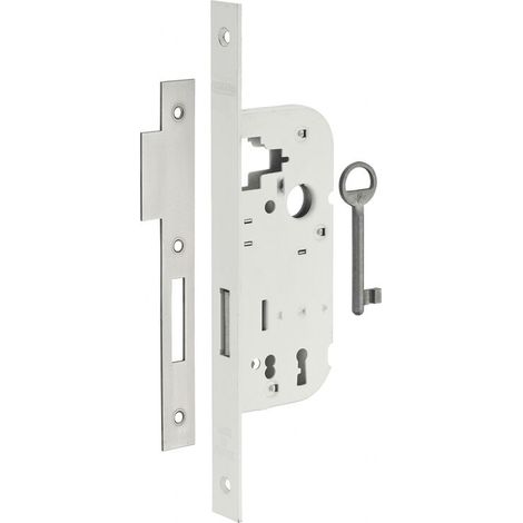 Serrure encastrable à clé pour porte intérieure, pêne dormant seul, axe 40mm, bouts carrés, blanc, 1 clé - (1/2)