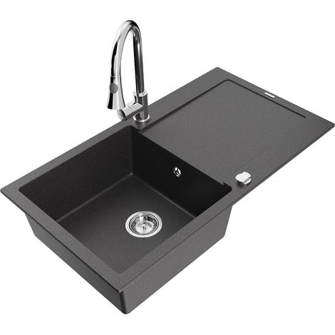 Mexen Leo lavello in granito 1-vasca con scolapiatti e miscelatore cucina Elia, nero maculato - 6501-76-670101-00 (1/5)