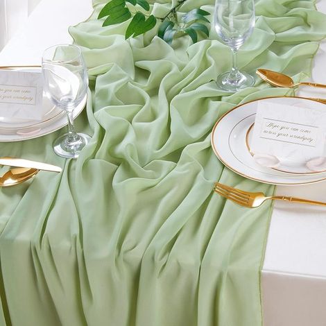 Eleganter, grüner Tischläufer aus Gaze im Bohème-Stil, 70 x 300 cm, ideal für Hochzeiten, Weihnachten, Geburtstage oder als Küchendekoration. (1/5)