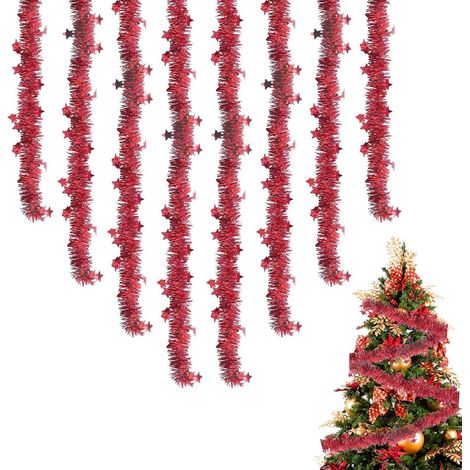 Weihnachts Girlande 8 Stück Rot mit Sternen, 2m Lametta für Baum & Deko